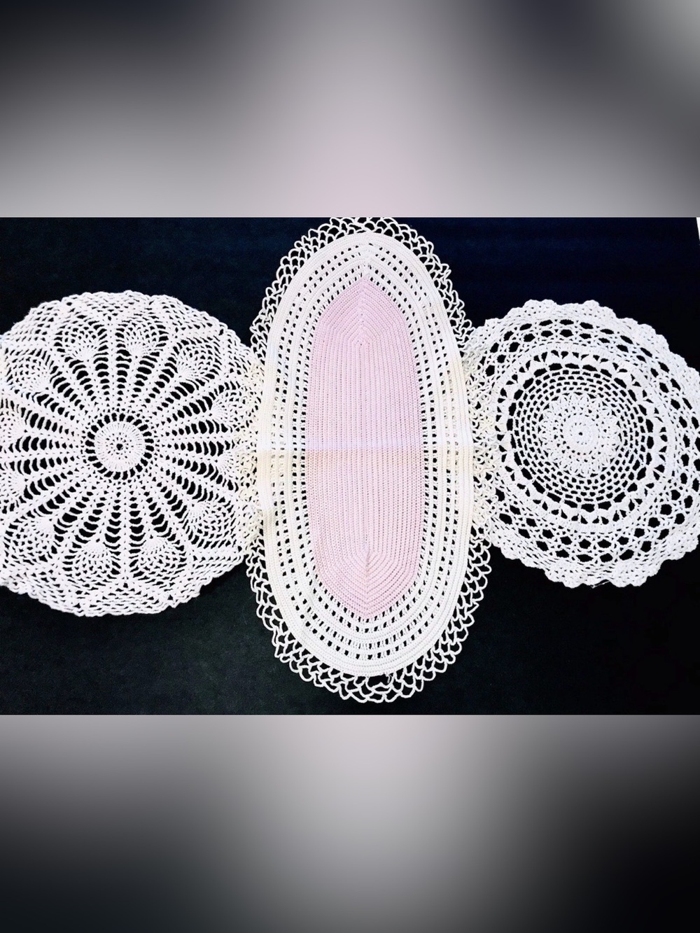 Vintage 1940’s Hand Crocheted Cotton Set Of 3  Ivory & Pink Round Oblong Doilies